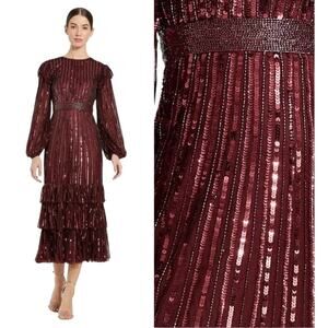 Mac Duggal 23003 Red Size 10 Ruffle Sequin Midi Dress Holiday Party $698